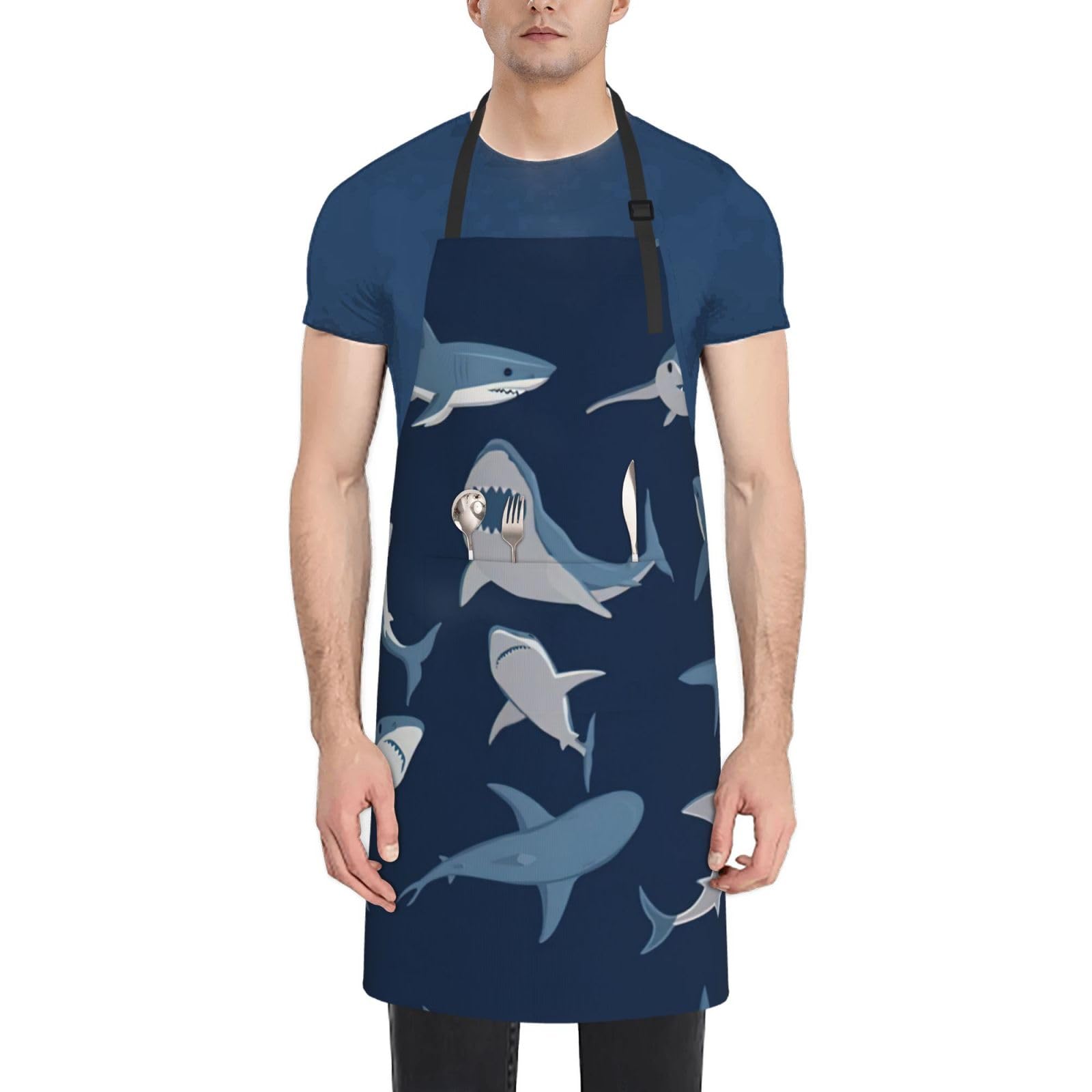 Breaux Unisex Black Blue Cartoon Shark Print Apron, Aprons With Adjustable Neck Straps, Oxford Cloth Aprons For Cooking Baking, One Size, One Size
