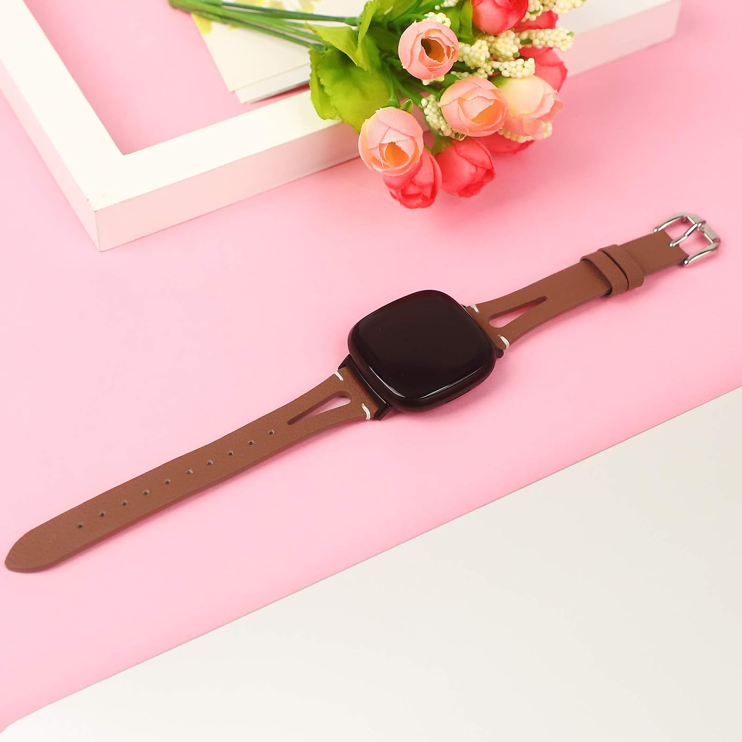 DAIKA Leather Bands Compatible with Fitbit Sense/Versa 3, Soft Slim Leather Replacement Wristband Bracelet Strap Accessories for Sense Advanced Smartwatch
