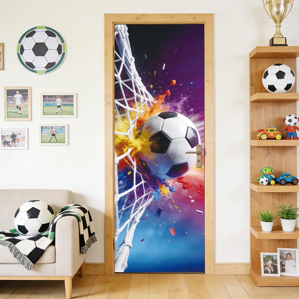 arricraft 2 Pcs 3D Self-Adhesive Door Sticker, 31.5"x78.7" Soccer Shot Soccer Goal Pattern Decorations Door Murals Stickers PVC Removable Wallpaper Decoration for Bedrooms Living Room