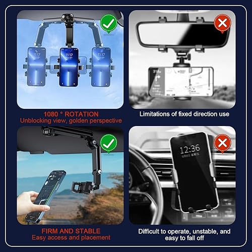 Miniatura 5 de Soporte universal giratorio retráctil para teléfono para automóvil, giratorio de 360, soporte de teléfono multifunción para visera solar, soporte