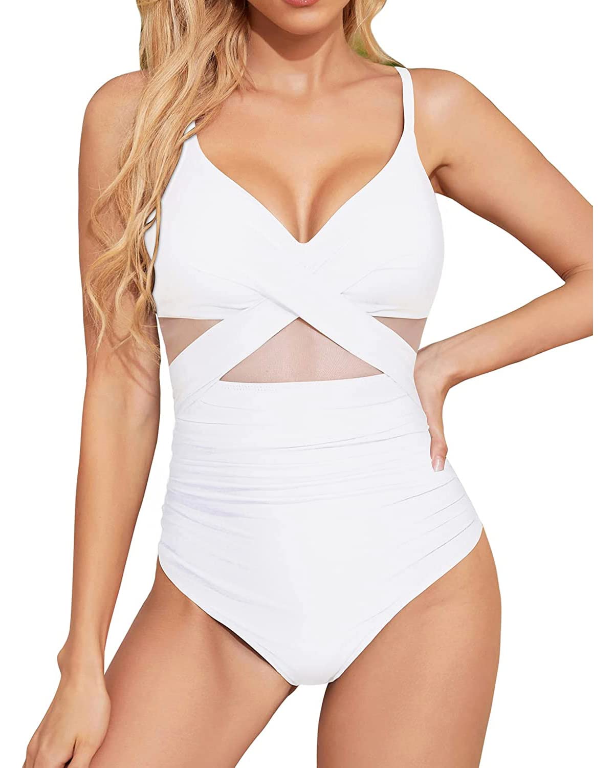 size medium, Tempt Me White Women One Piece Tummy Control Swimsuits Push Up Bathing Suits Cutout Mesh Front Cross Swimwear M