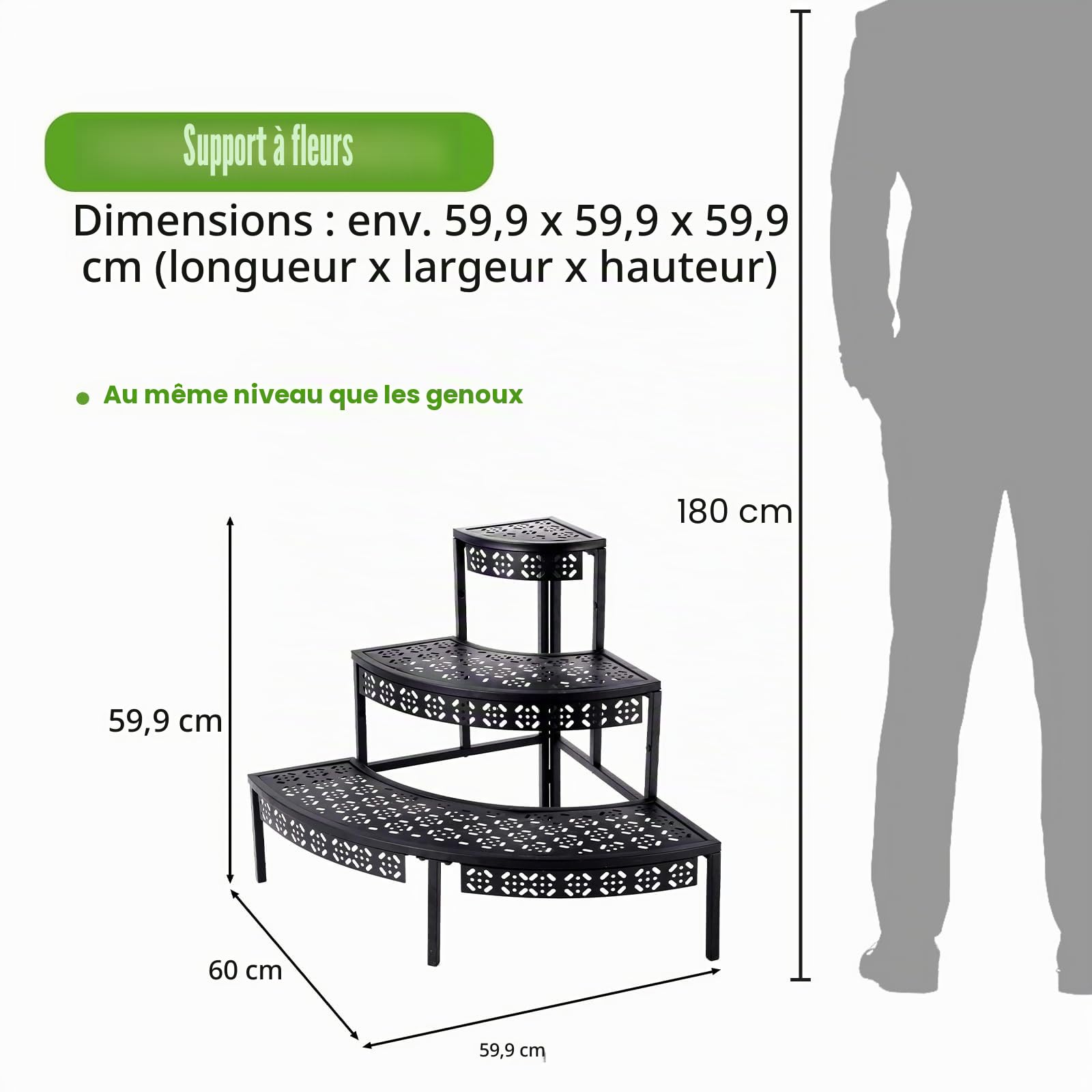 aboxoo Étagère d'angle à 3 niveaux pour pots de fleurs, étagère d'angle en métal pour intérieur et extérieur (noir, demi-cercle)