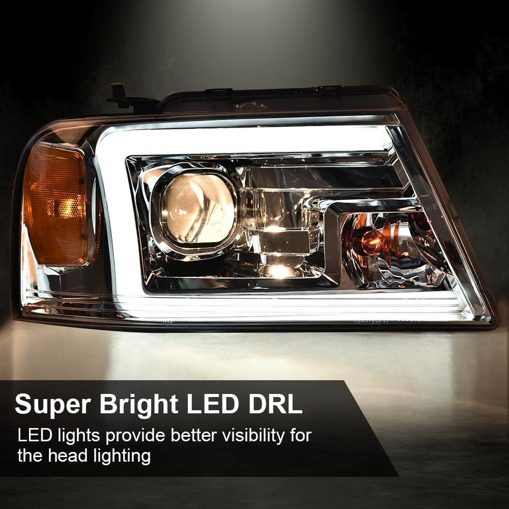 PIT66 LED DRL Headlights Assembly Compatible with 2004-2008 Ford F150 Fit Lincoln Mark LT 06-08 (NOT Fit 2004 F150 Heritage/Flareside Beds Models), Headlamp Clear lens Chrome Housing Amber Reflector