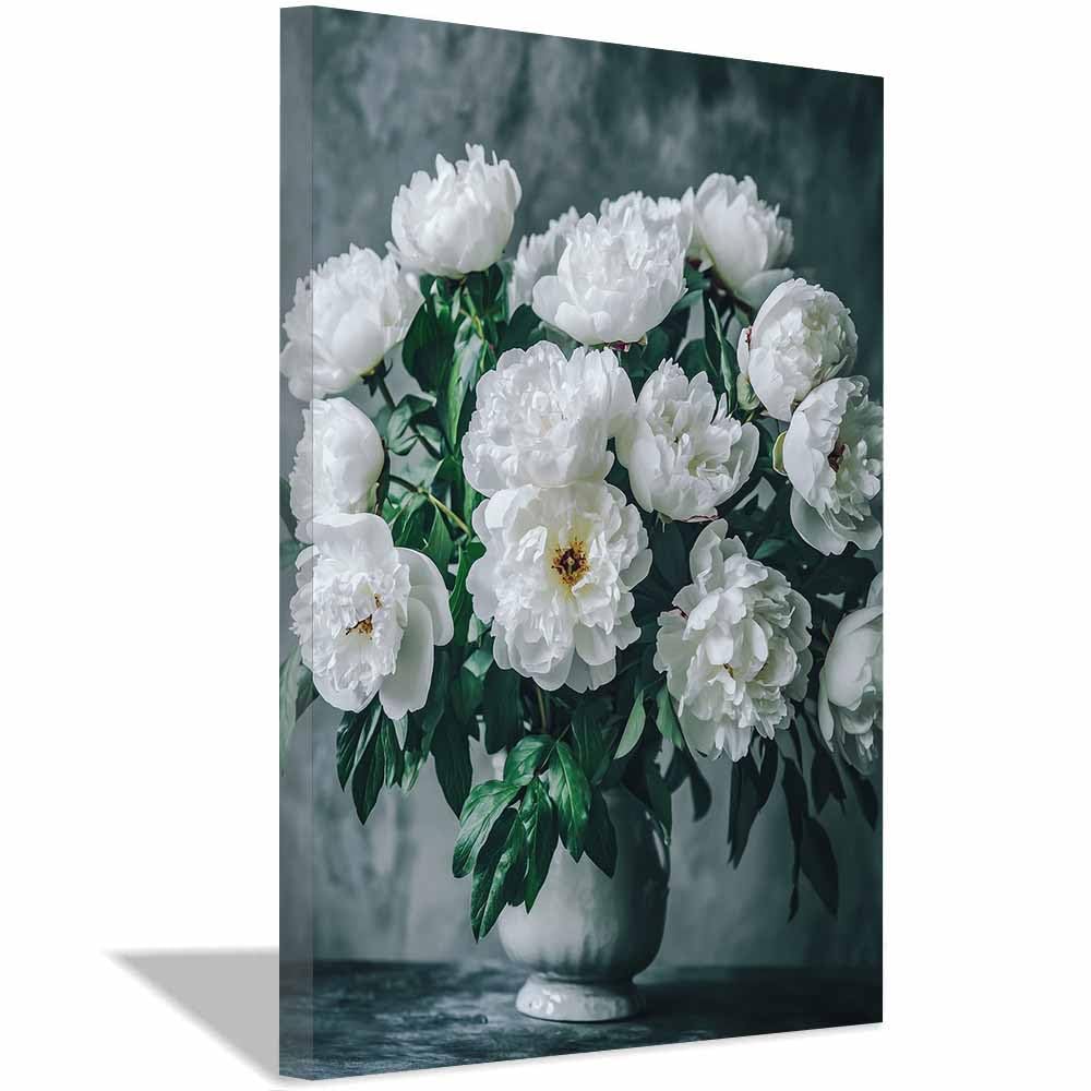 WUFIEA Semplice arte botanica Stampe su Canvas Peonie bianche per Camera da Letto Agriturismo Soggiorno Bagno(bianco)-60x90cm Incorniciato