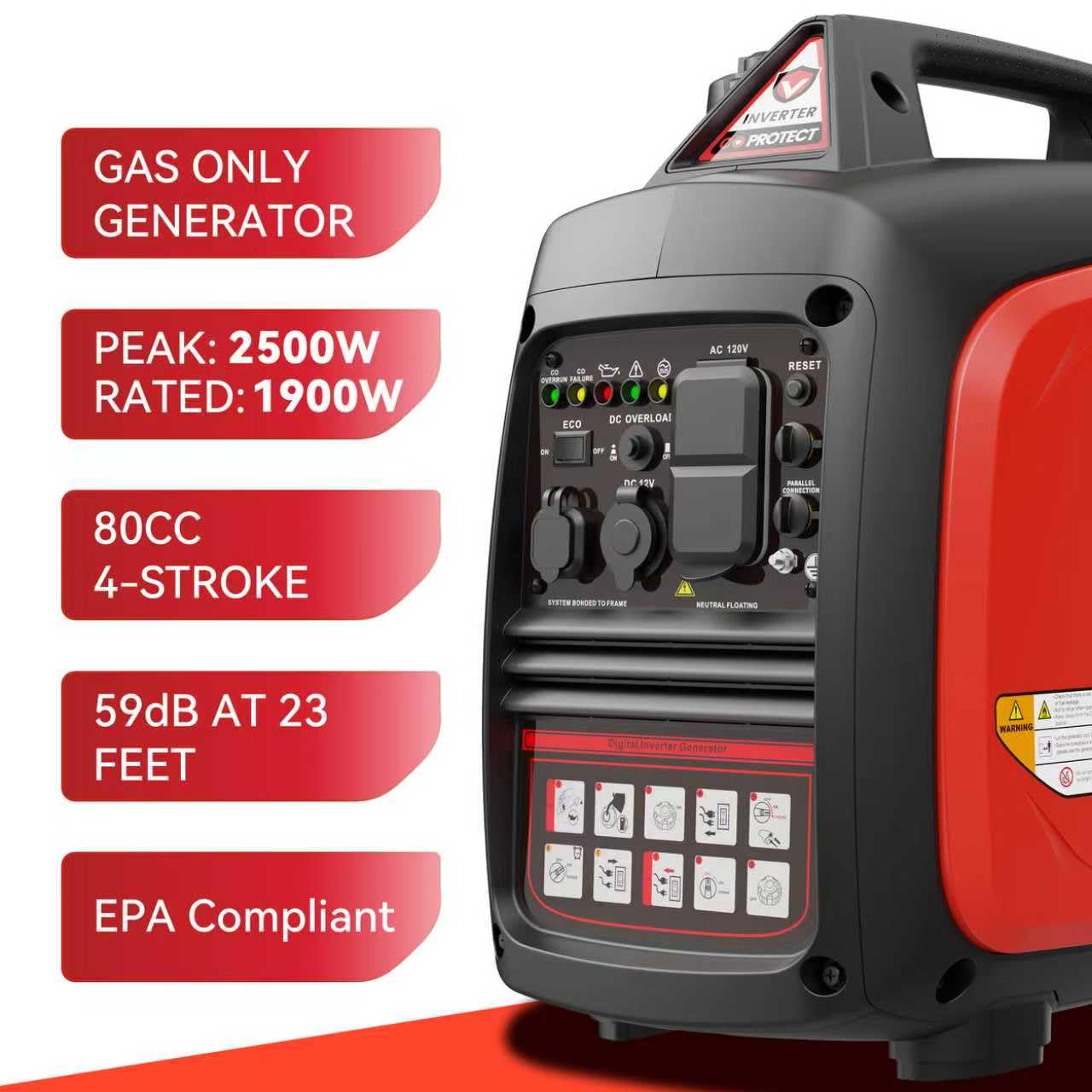 Generador portátil de 2500 W, generador inversor súper silencioso, ultraligero para respaldo del hogar, campamento al aire libre, protección de sensor de CO, EPA, modo ECO