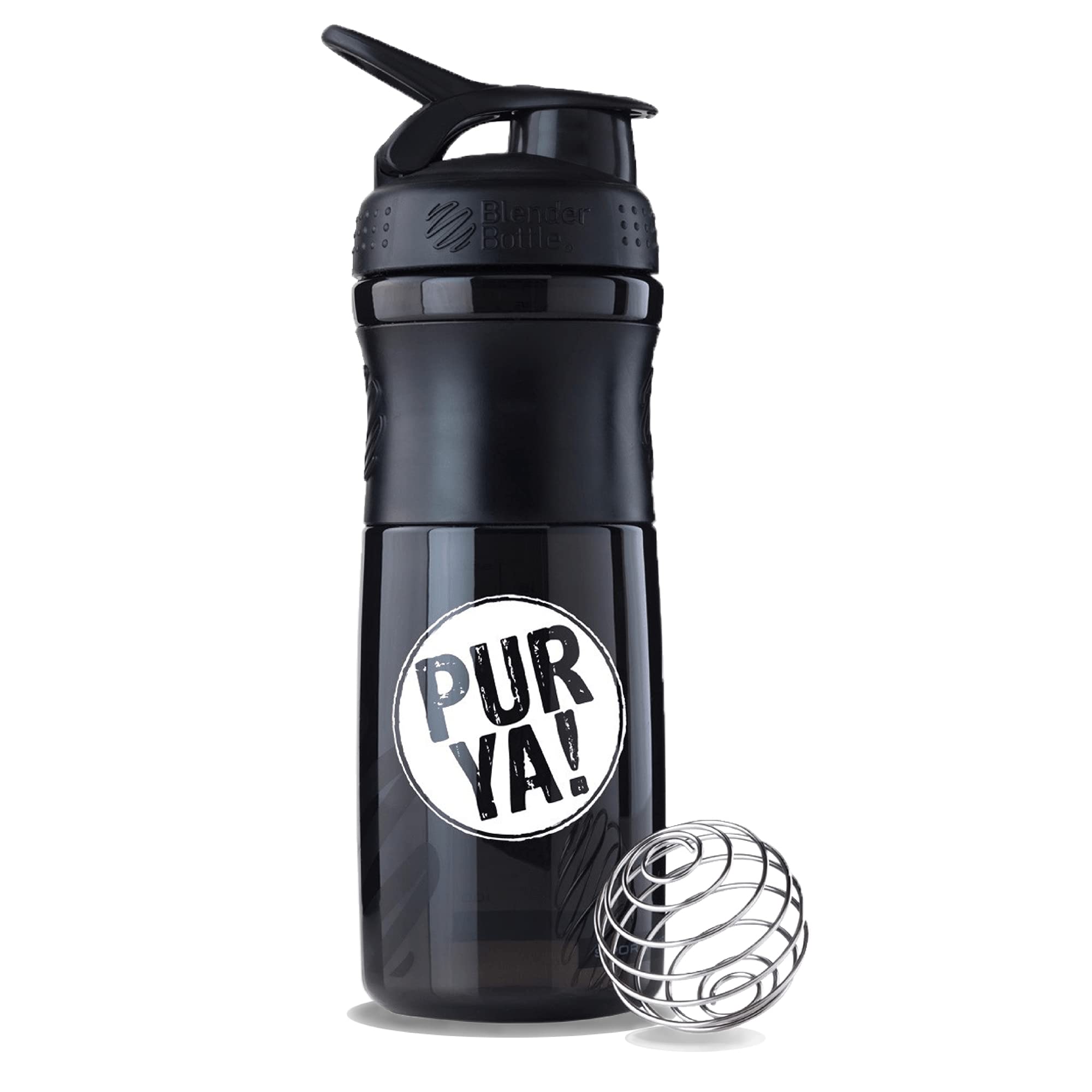 PURYA! SHAKER, borraccia fitness per frullati proteici e bevande, miscelazione ottimale grazie alla sfera a spirale, senza BPA e infrangibile, Nero, 828ml