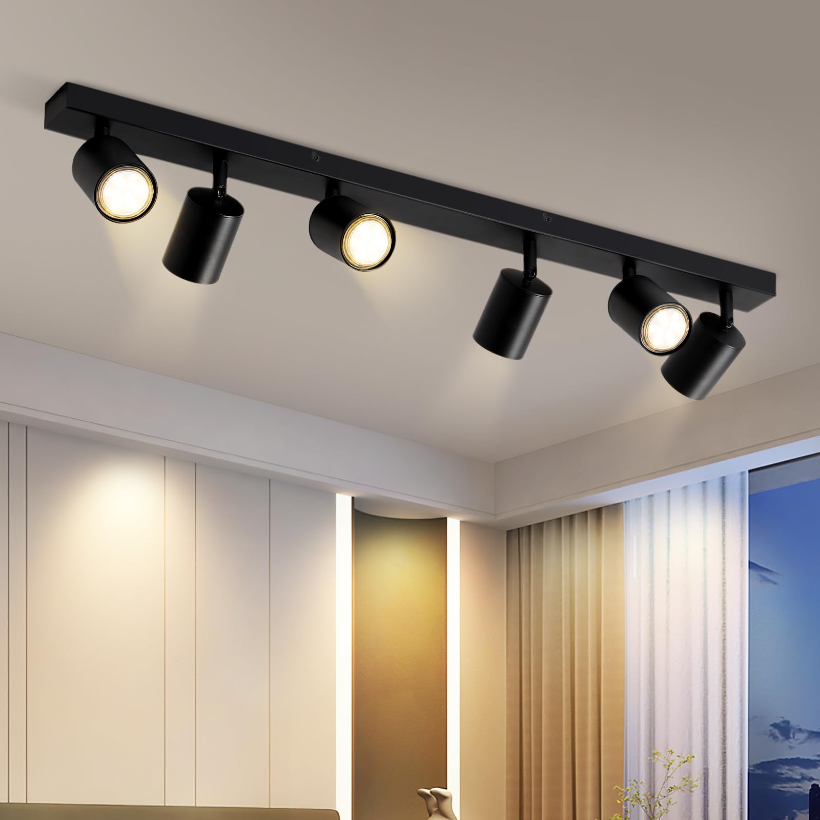 Glitzerlife reflektor sufitowy LED 6-płomieniowy - lampa sufitowa czarna GU10 obrotowy 350° długi nowoczesny reflektor sufitowy lampa kuchenna salon sypialnia korytarz MAX.25W bez żarówki