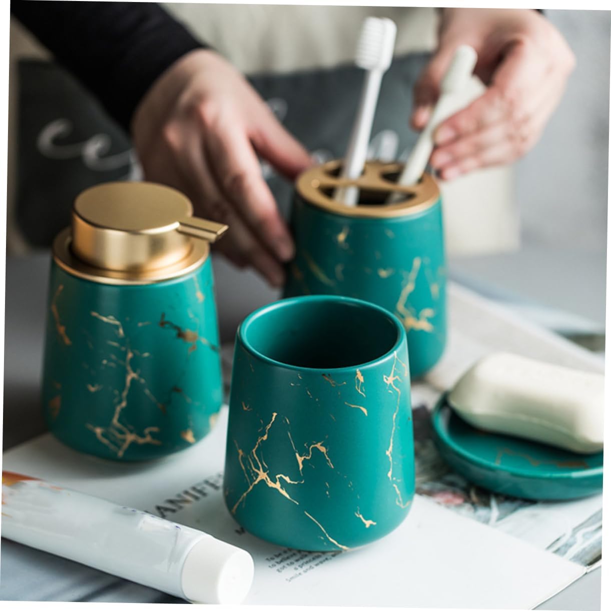 Cabilock 1set Toothbrush and Toothpaste Storage Set Elegant Dark Green Ceramic Bathroom Accessories Kit for Family School Use Includes Soap Tray and Organizer for Daily Necessities