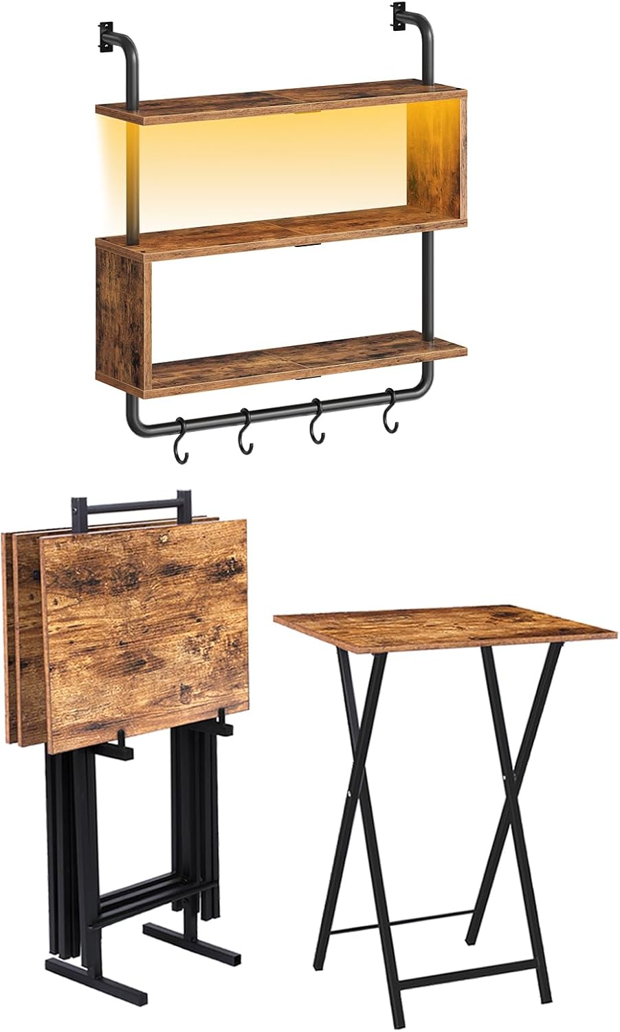 HOOBRO Folding TV Tray Tables and Floating Shelves with LED Lights, Set of 4 TV Trays with Storage Rack, 3-Tier Wall Mounted Gaming Shelf, BF50BZ01-BF21DBJ01