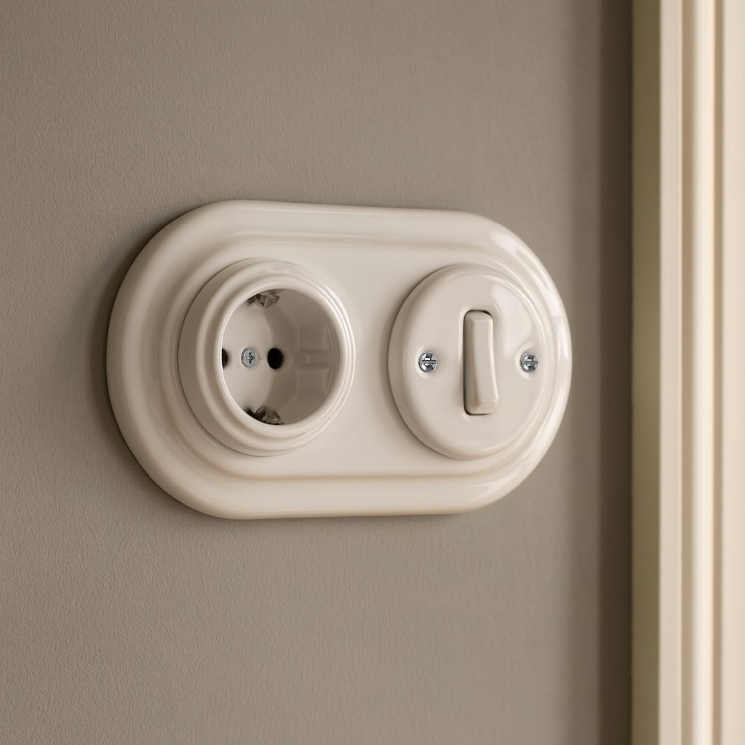 Presa da incasso in porcellana retrò, interruttore, 2 ingressi, All-in-One, set serie PR1 bianco