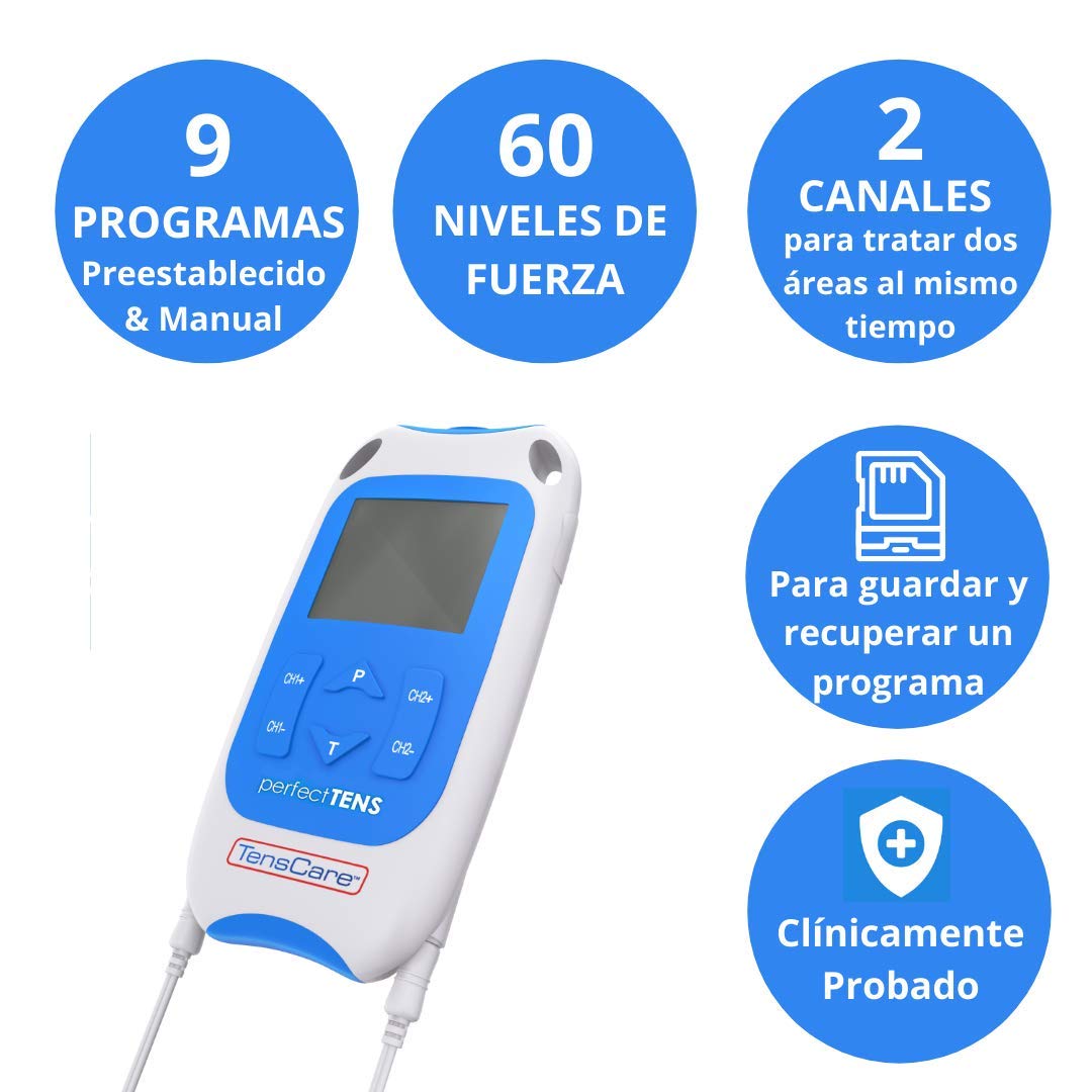 TensCare Perfect Tens+ 12 electrodos – Electroestimulador para Alivio del dolor. 2 Canales, con programas Clínicamente & Perfect Tens – Electroestimulador para Alivio del dolor