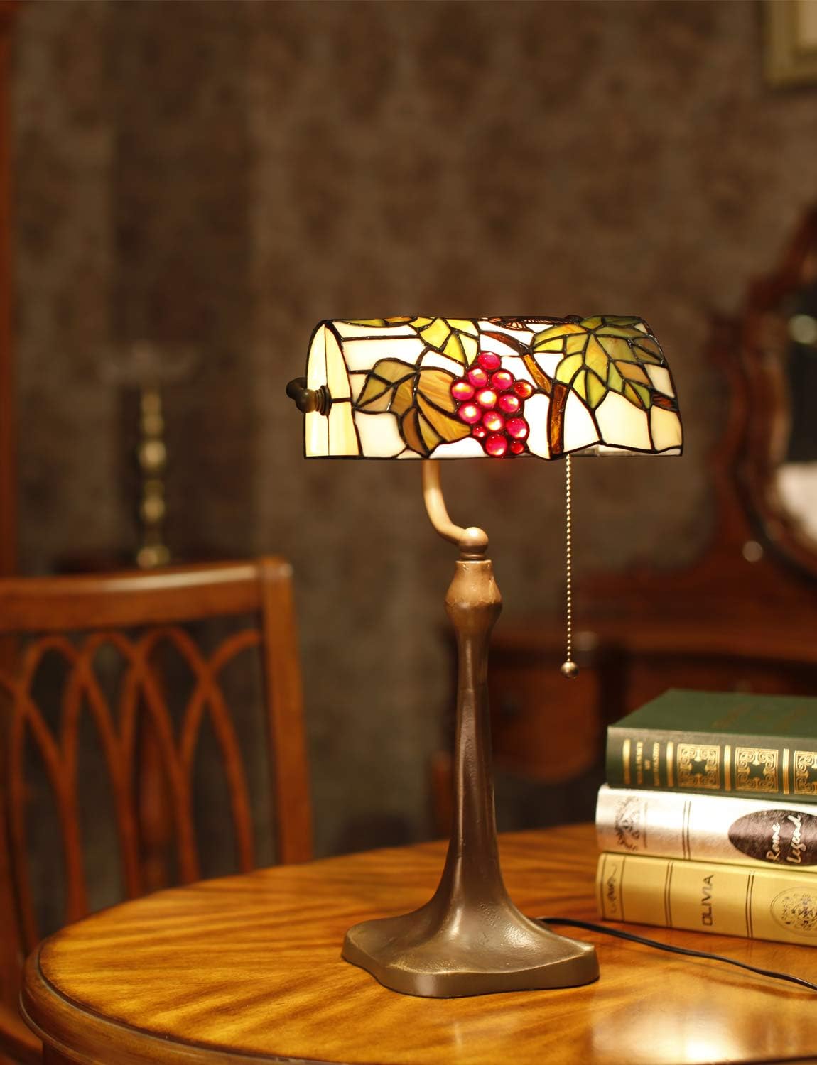 HT Tiffany Style Traditional Banker’s Desk Lamp, Grape Stained Glass Shade Cast Iron Base, for Living Room Bedroom Office