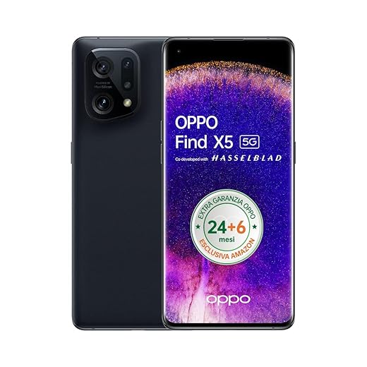 OPPO Find X5 Smartphone, AI Tripla Fotocamera 50+50+13MP, Display 6.55” Refresh rate 120HZ Amoled FHD+, 4800mAh, RAM 8GB + ROM 256GB Android 12[Extra Garanzia 24+6 Mesi Versione Italiana], Black