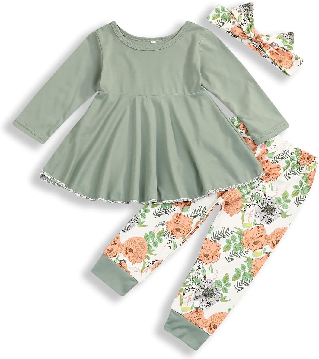 Toddler Baby Girl Clothes Solid Color Ruffle Tops Floral Pants with Headband Outfit Set