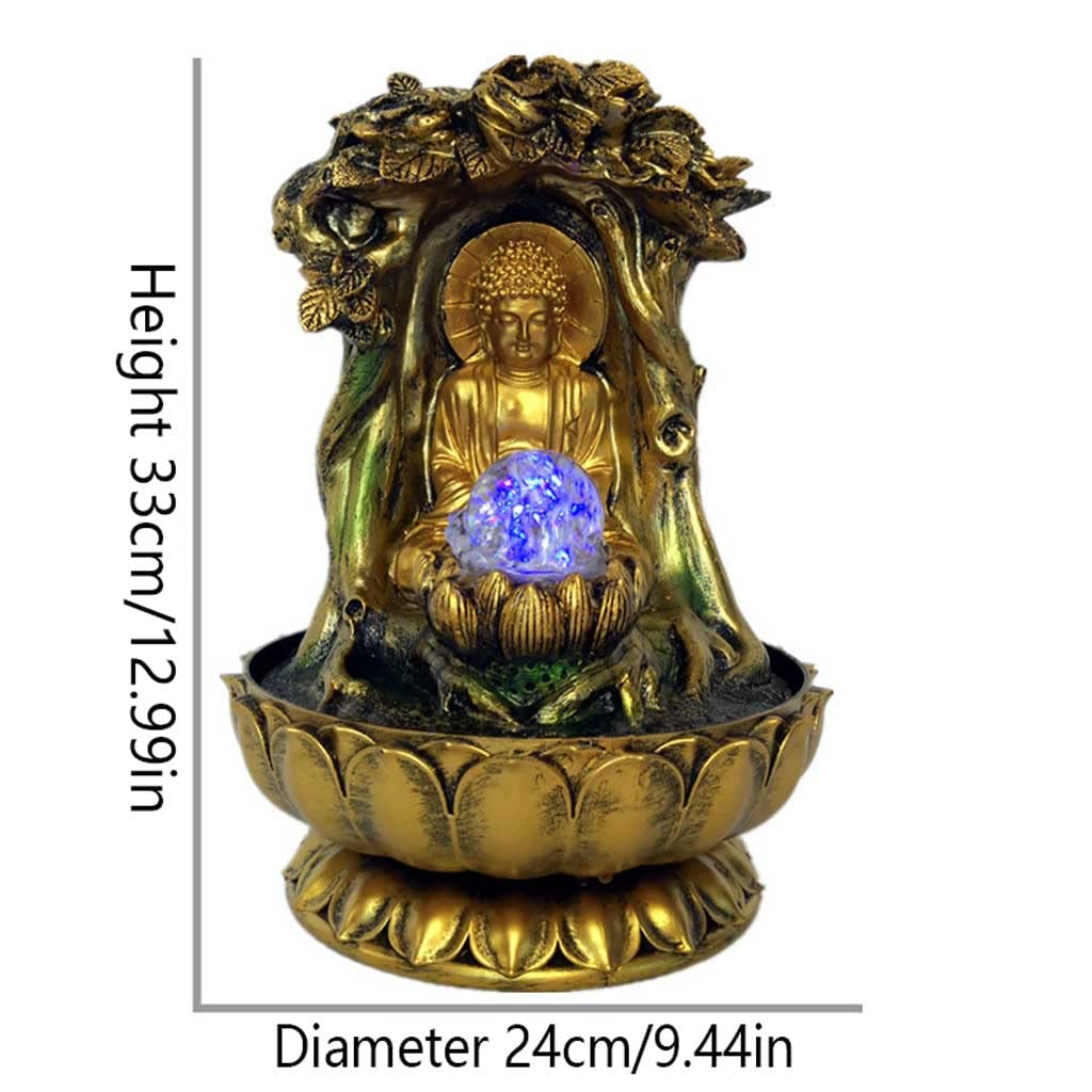 Fontanna dekoracyjna do wnętrz i ogrodu, dekoracyjny wodospad, z żywicy syntetycznej, motyw: Budda, z oświetlenie LED, obracająca się kula, Feng Shui, Zen, do biura, sypialni, ogrodu