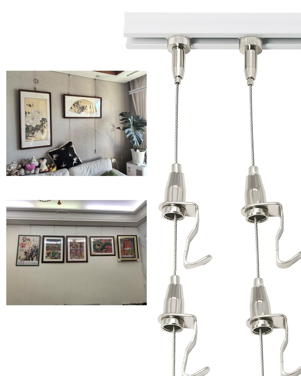 Elitix Picture Rail Adjustable Picture Long Steel Cords Track Kit, Multiple Photo Display Rail for Home Gallery Wall, Museum Artwork Hanging Cords(White,24"/61cm Track)