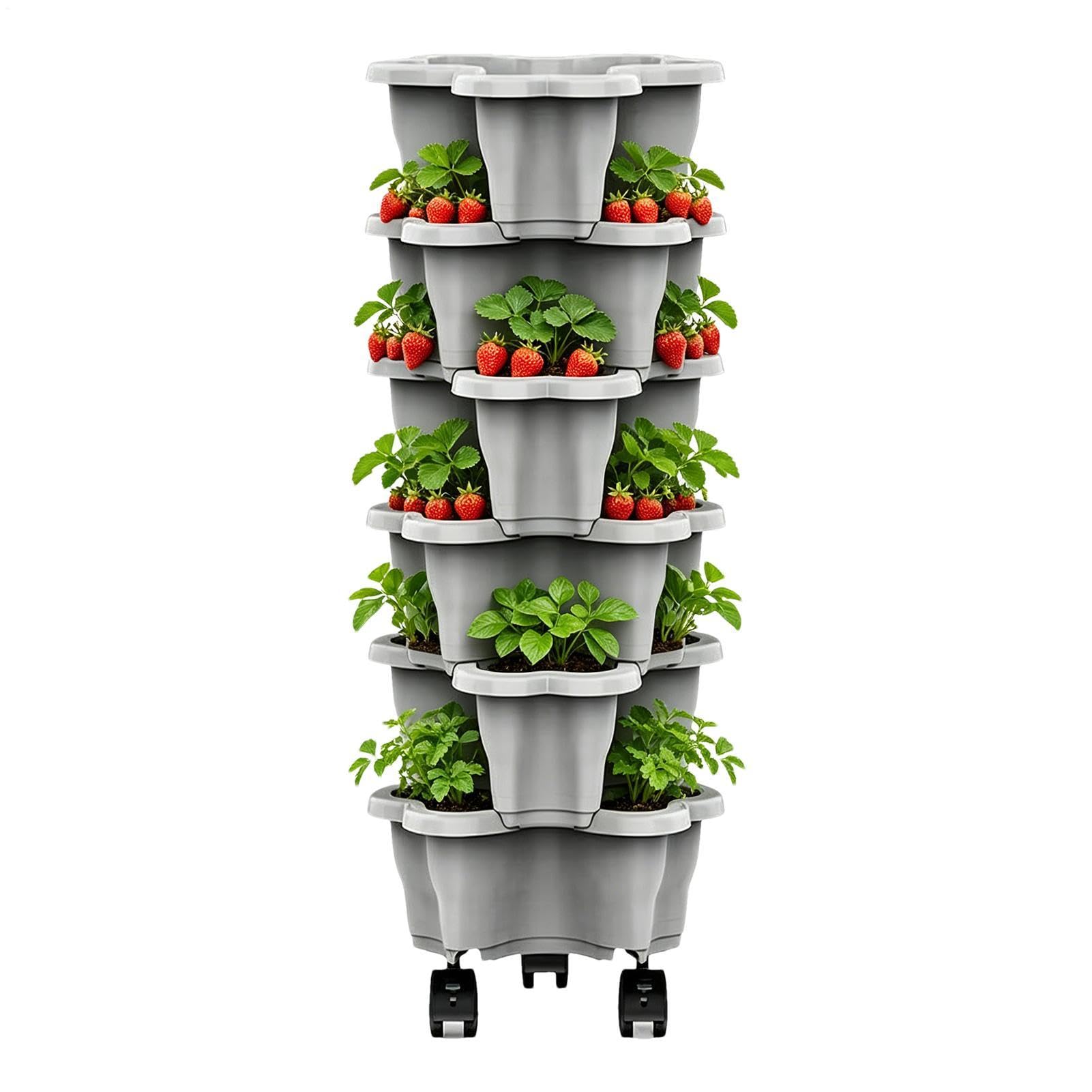 Quniwokid Stackable Strawberry Planters, 6-Tier Vertical Garden Planter With Rolling Wheels, Tiered Planter Garden Tower For Gardening Strawberry Flower Vegetable