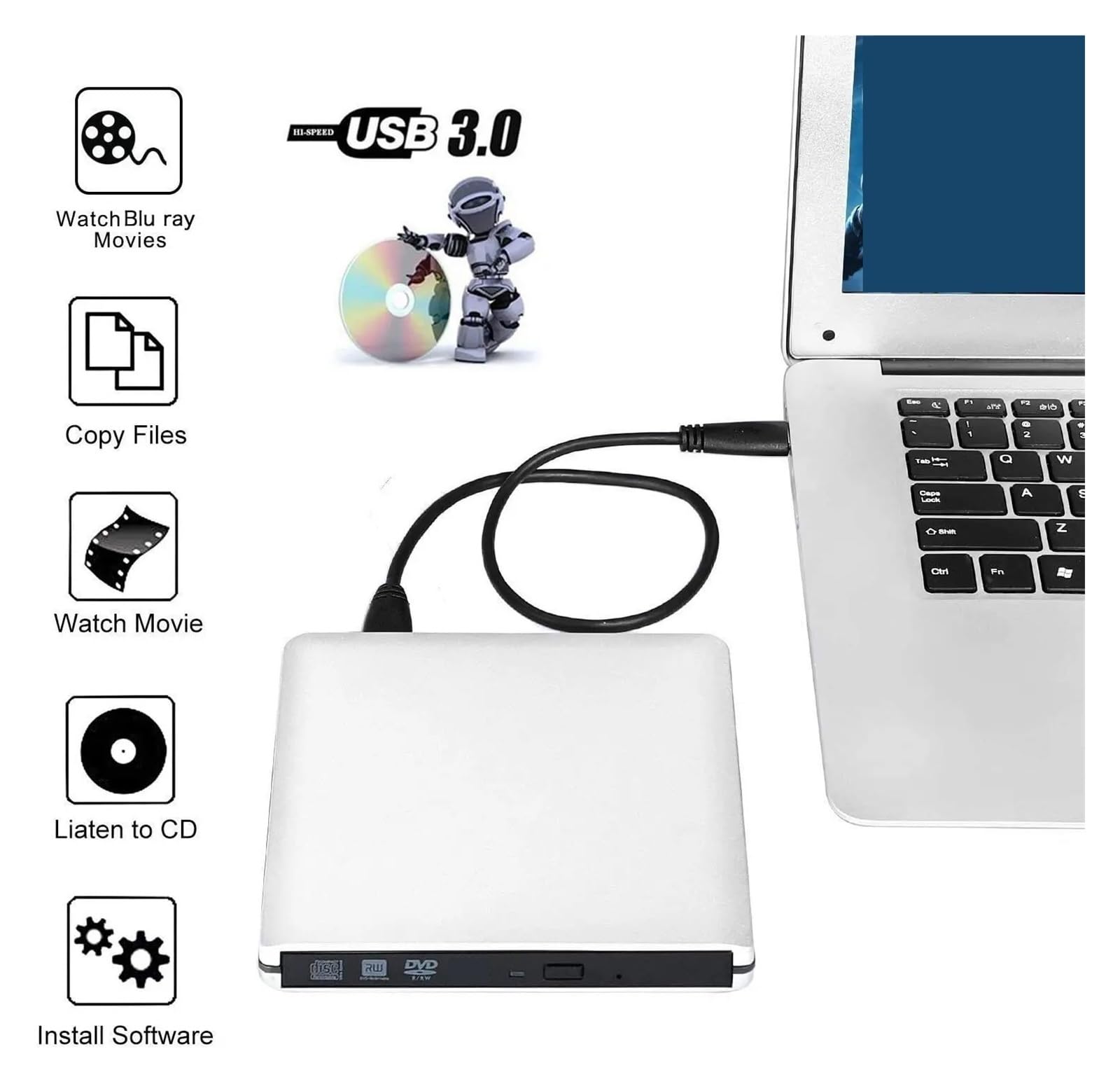 Unità Blu-Ray Esterna 4K Ultra Sottile - Masterizzatore 3D USB 3.0 Lettore Di Masterizzazione CD/DVD Archiviazione e backup dei dati