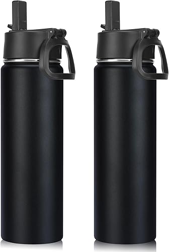 Miniatura 39 de Neihepal Botella de agua aislada de 22 onzas con tapa con popote, botellas de agua de acero inoxidable al vacío de doble pared a prueba de fugas,