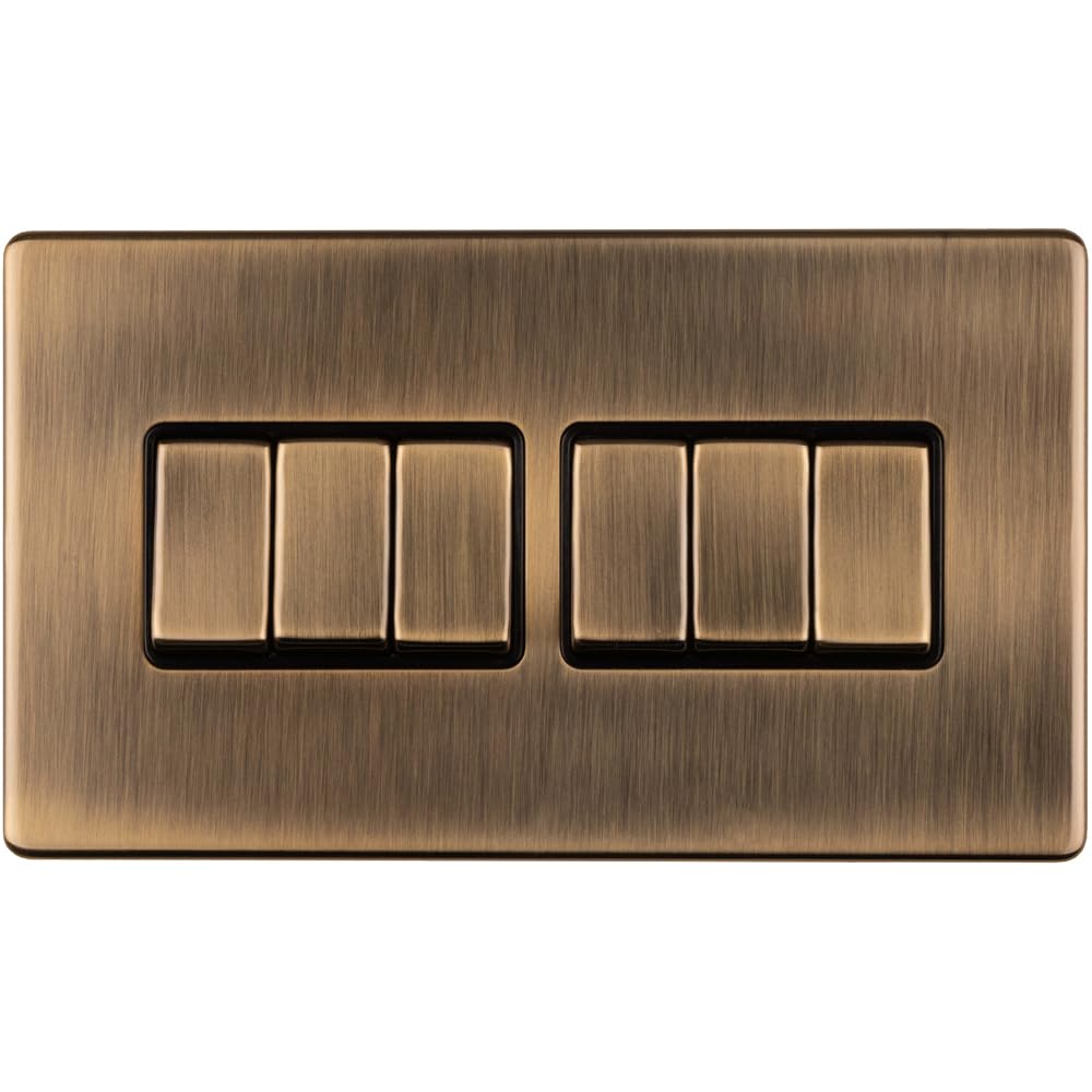 6 Gang Multi Light Switch SCREWLESS Antique Brass 2 Way 10A Metal Rocker Slim - Decorative Kitchen Living Room Bedroom Plate