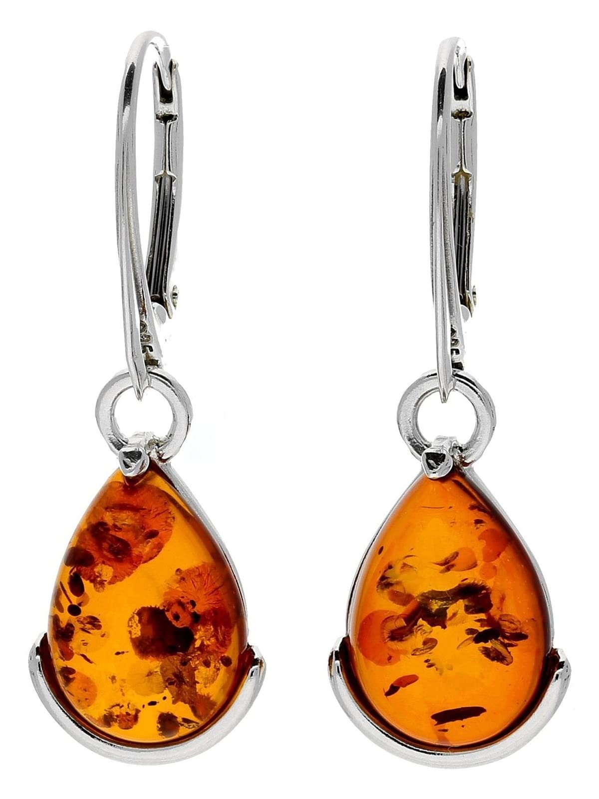 Pear/Teardrop Cut Baltic Amber Lever Back 925 Sterling Silver Earrings for Women/Ladies/Girls - Fancy Teardrop Amber Dangly/Dangle Drop Earrings - Green Amber/Honey Cognac Orange Amber