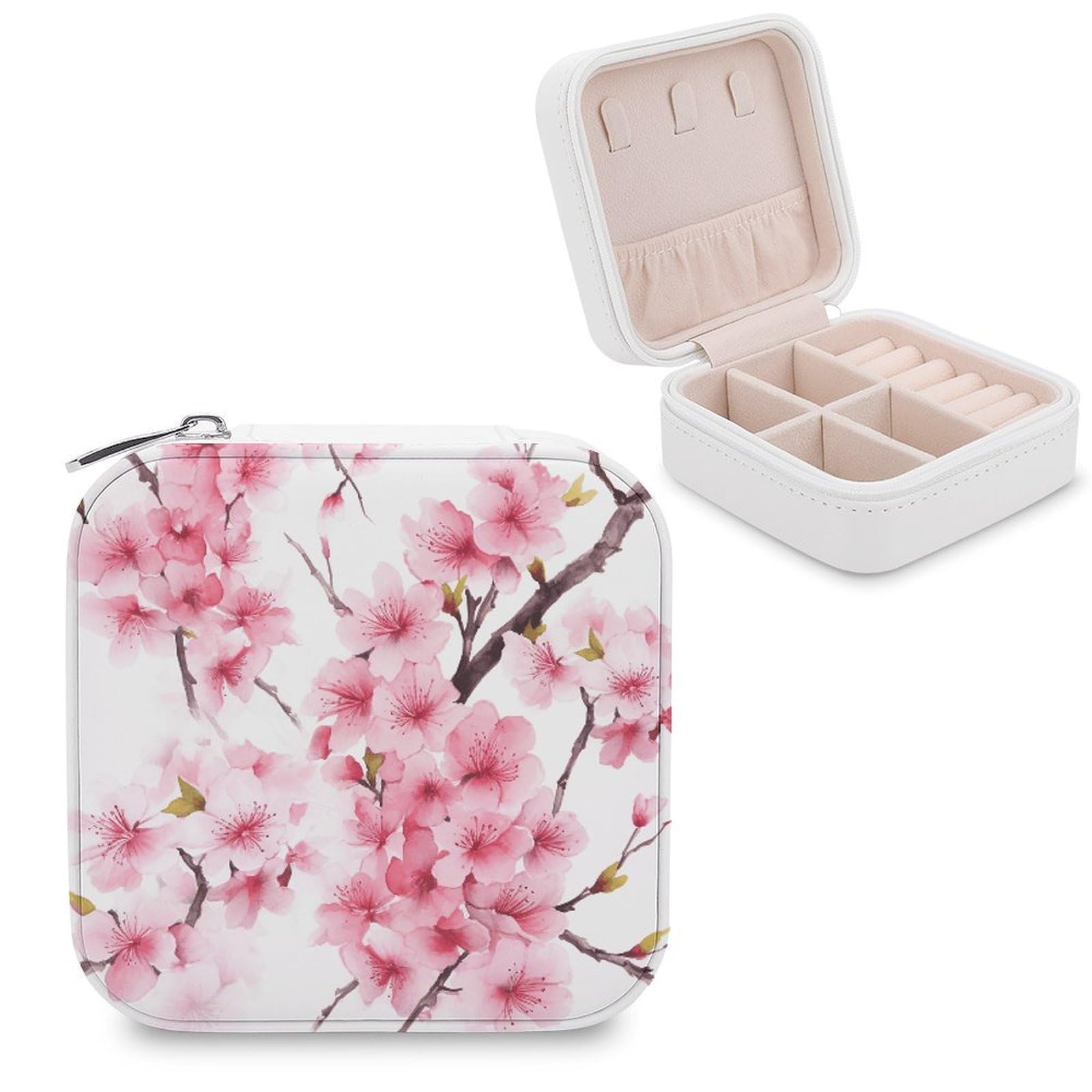 VstaDank Cherry Blossom Travel Jewelry Case Zipper Portable Small Jewelry Box Custom Pu Leather Mini Traveling Jewelry Organizer for Rings Earrings Necklace Bracelet Girls Women