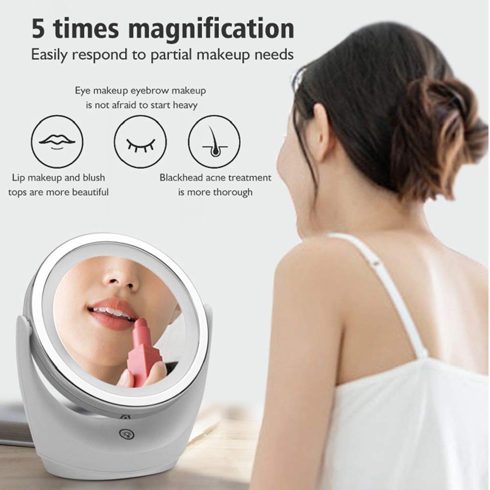Espejo de tocador, Espejo de Maquillaje Escritorio táctil LED con Lupa 5 aumentos, Espejo Doble Cara, Herramienta, Giratorio 360 ​​Grados
