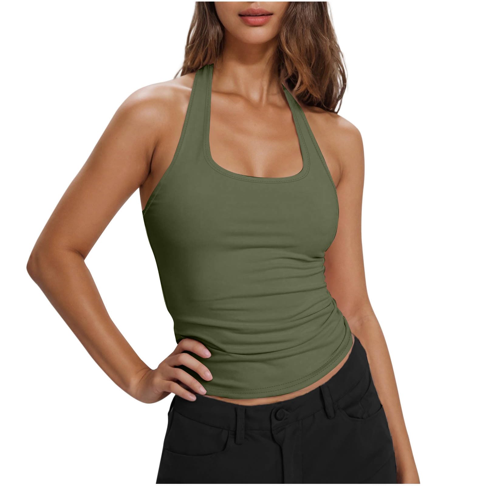 Womens Square Neck Going Out Crop Tops Cute Halterneck Basic Tank Top Sexy Slim Fit Base Layer Tees