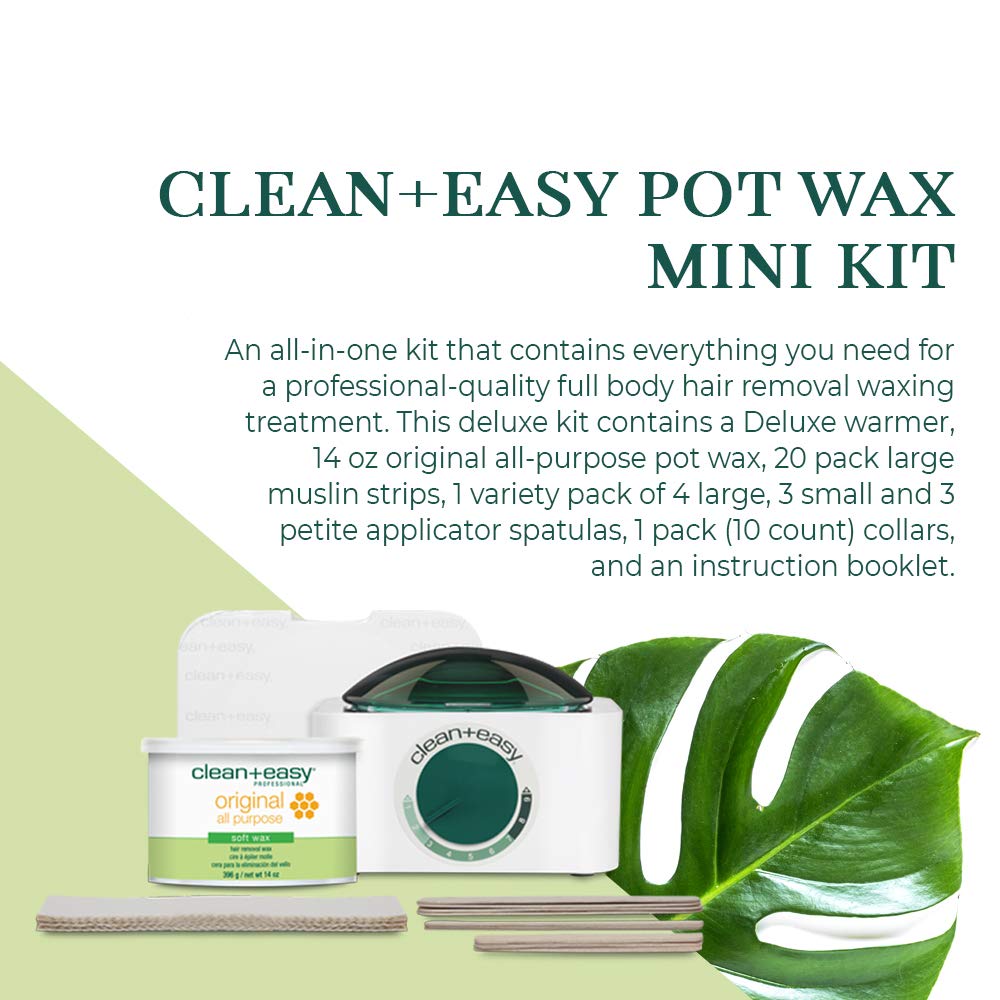Clean + Easy Mini Pot Waxing Kit for Women - Soft Wax with Wax Warmer for Hair Removal, Body, Facial Hair & Sensitive Skin, Includes Muslin Strips & Sticks, 120 V