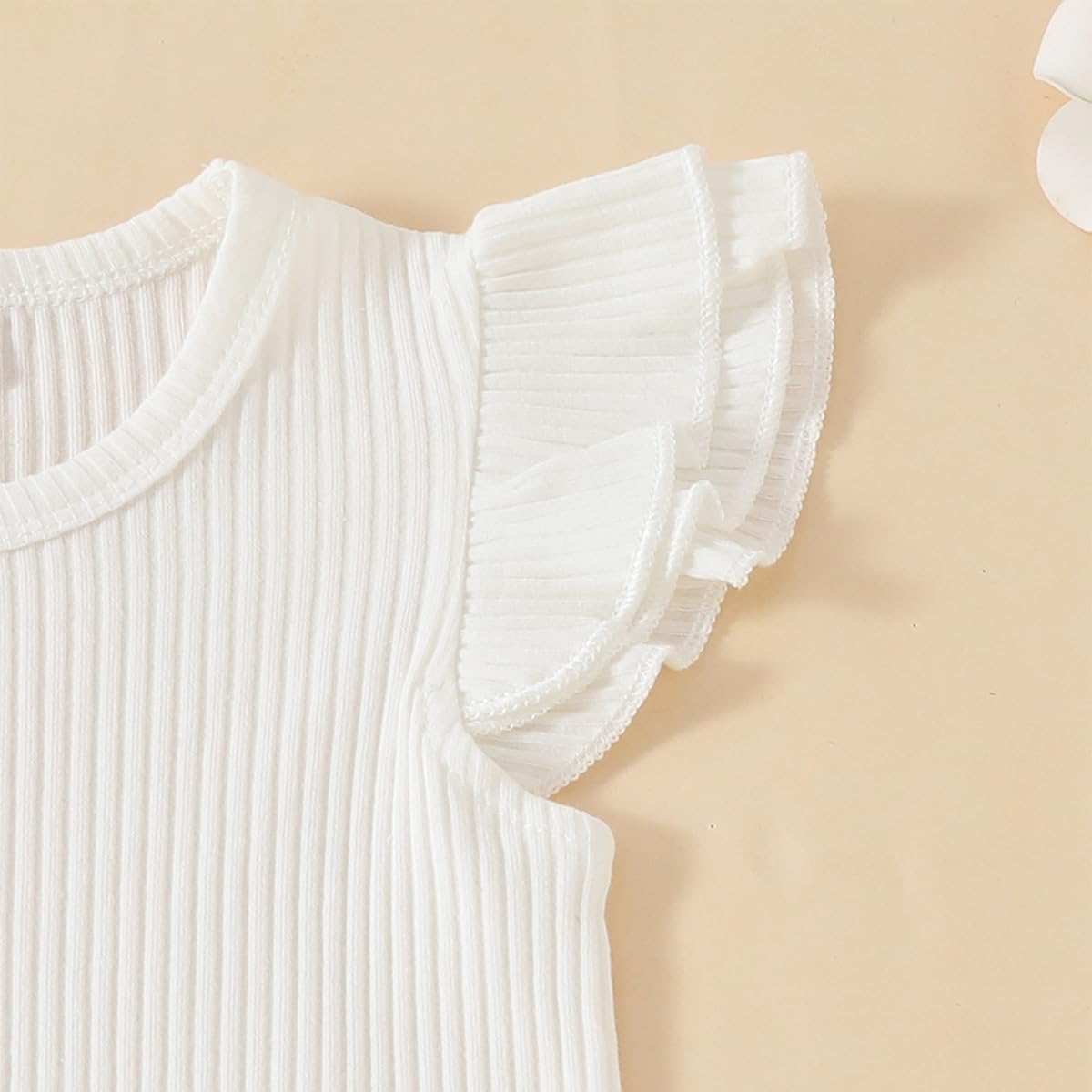 Ensemble Vêtements Bébé Fille d'été Haut Côtelé à Manches Courtes à Volants +Short à Bretelles à Fleurs de Marguerite Mignon 2Pcs Enfants Set - 5