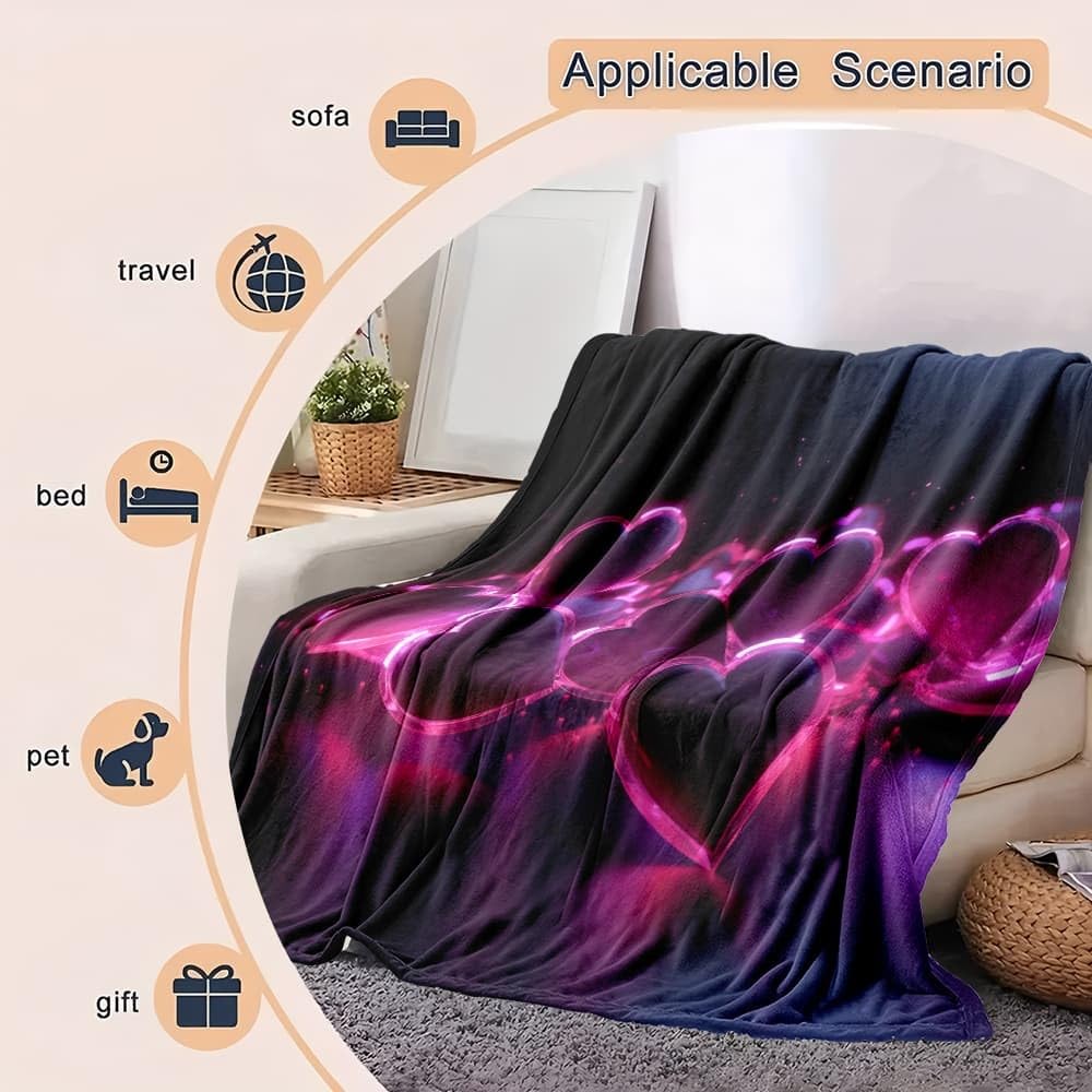 Coperta Pile 180x220 cm Cuore Romantico Al Neon Coperta Plaid Pile Divano Blanket in Flanella, Viola Coperta Letto Matrimoniale Calore Morbida, Coperta Leggera Per Campeggio e Viaggi