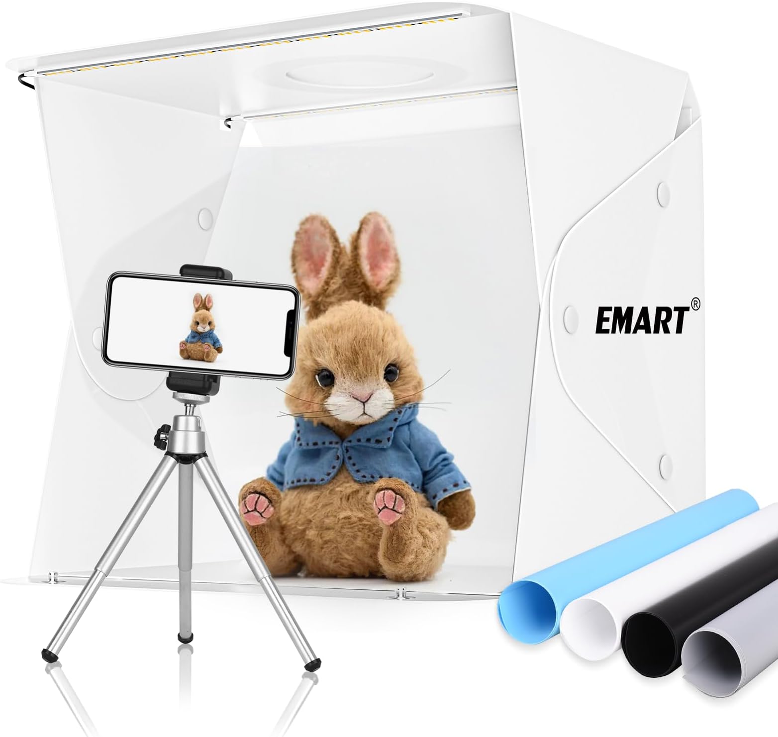 Upgrade EMART 14" x 16" Photography Table Top Light Box 104 LED Portable Photo Studio Shooting Tent with Color Backdrops and Phone Tripod Holder