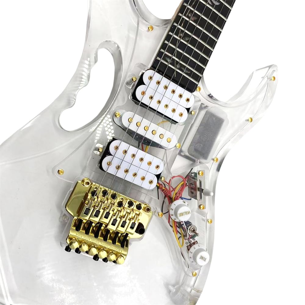 Yinfente Kit de guitarra eléctrica de 39 pulgadas, guitarra acrílica transparente, tamaño completo, guitarras eléctricas de cuerpo sólido para principiantes con diapasón de palisandro y LED azul claro