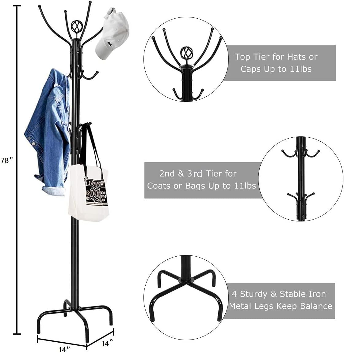 Tangkula Coat Rack Freestanding, 78 Inch Heavy Duty Metal Coat Tree, Free Standing Entryway Hat Coat Jacket Umbrella Holder, Clothes Hanger with Base Coat Rack Stand Black