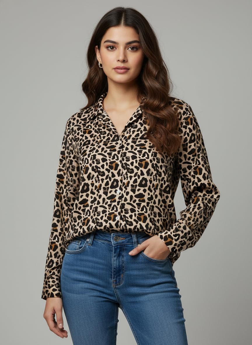 ANNI Designer Bedrucktes Damenhemd aus Baumwollmischgewebe, langärmelig, normale Passform, Hemdkragen, legere Bürokleidung, elegante Western-Kleidung für den Alltag, Hochzeit, Party