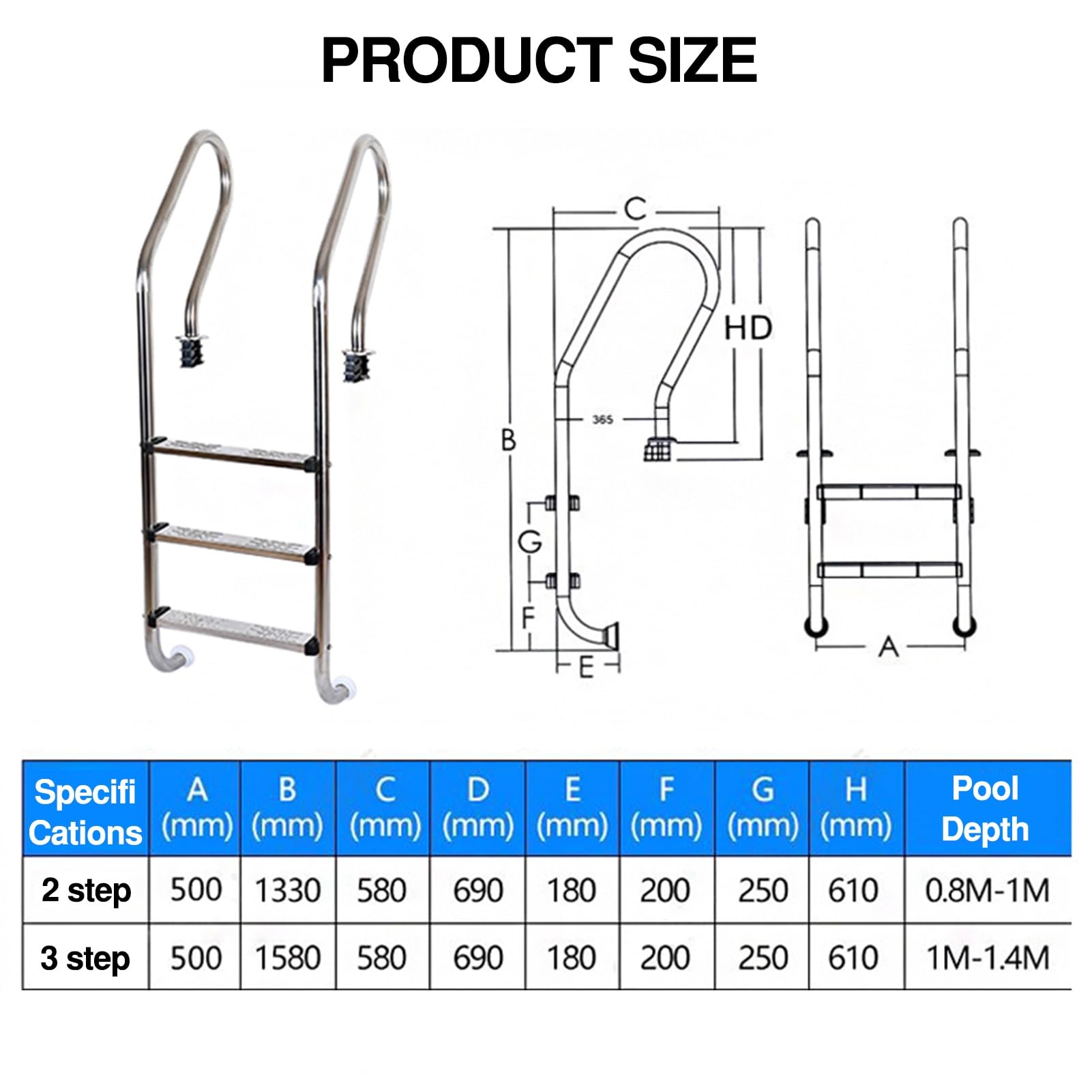 Scaletta per Piscina, in Acciaio Inox con corrimano Integrato, Portata 250 kg, Adatta per Piscine e parchi Acquatici (3 gradini)