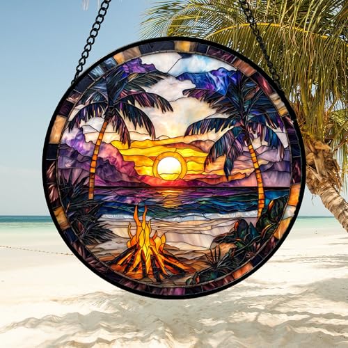 Image of DASTOLL Stained Glass Window Hanging,Bonfire Beach Landscape Suncatcher Diamond Glass Panel Sun Catchers Decor for Birthday for Women, Men, Wife, Aunt, and Mom 14.9x14.9 in