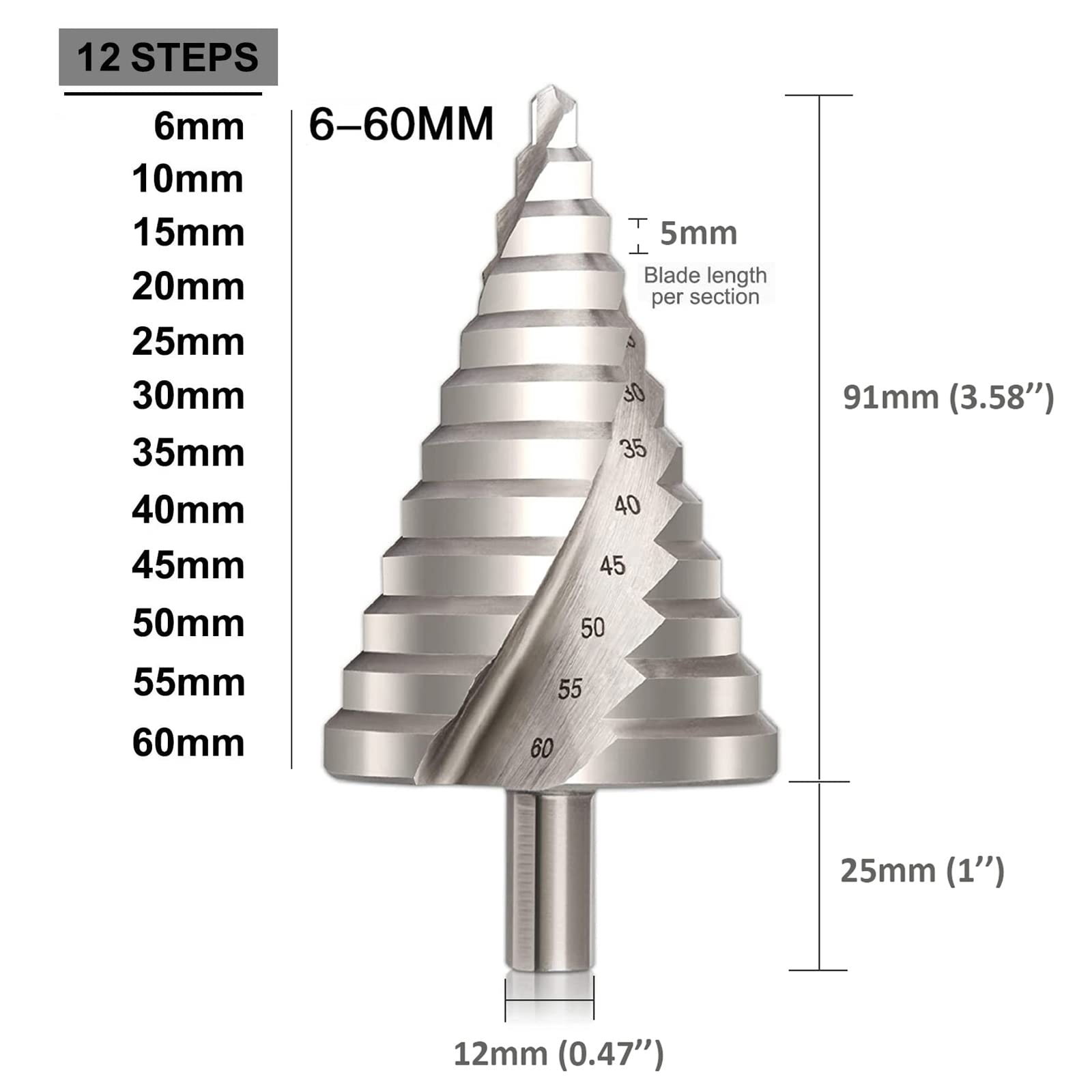 6-60mm HSS Step Drill Bit Large HSS Spiral Groove Step Drill Cono Drill Bit Hole Cutter 12 passi