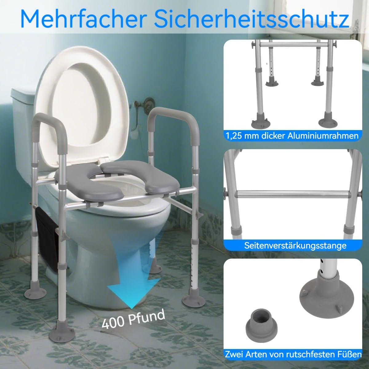 Toilettensitzerhöhung mit Armlehnen, Toilettenerhöhung Senioren 8-Stufen 68-85cm mit Rutschfeste Griffe, WC Sitzerhohung mit Griff für Senioren bis 150kg