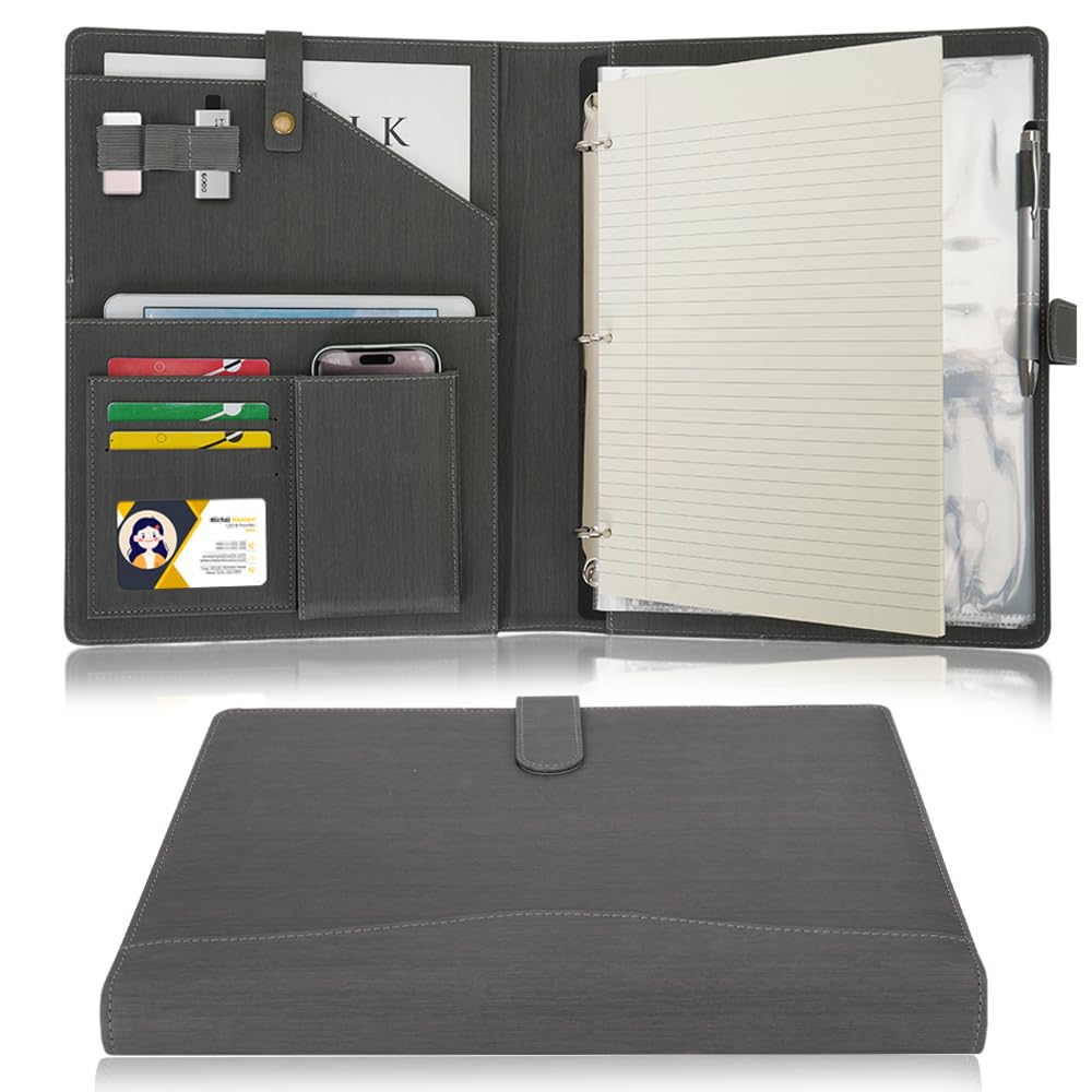 Wonderpool A4 PU Leather Portfolio Holder Ring File Document Case with Removable Binder Clipboard, Multi Pocket and Legal Pad for Business Organizer