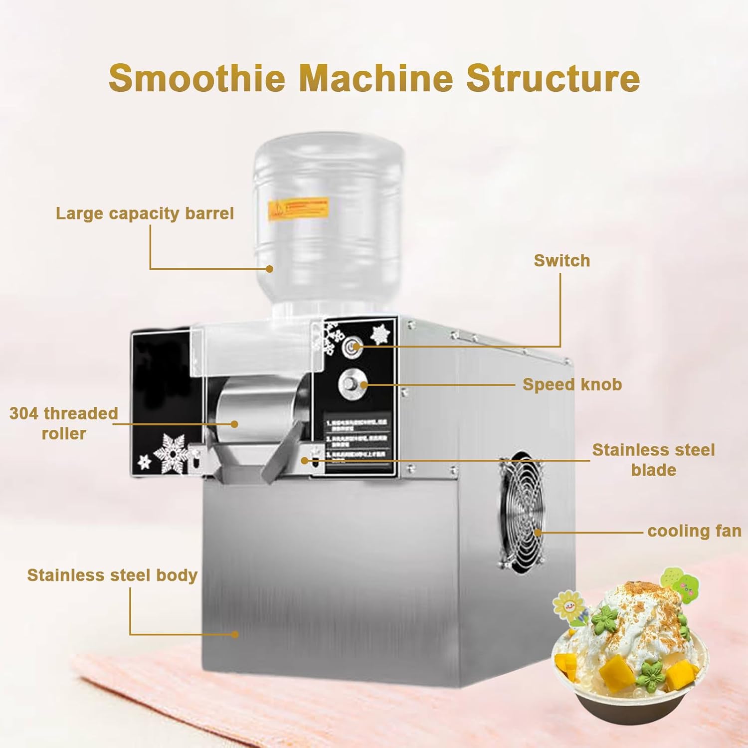 Home/Commercial Smoothie Shaved Ice Machine, Small Air-Cooled Snowflake Ice Maker, With Stainless Steel Roller+2 Feed Barrels, For Home, Parties, Food Truck, Restaurant, Milk Tea Shops