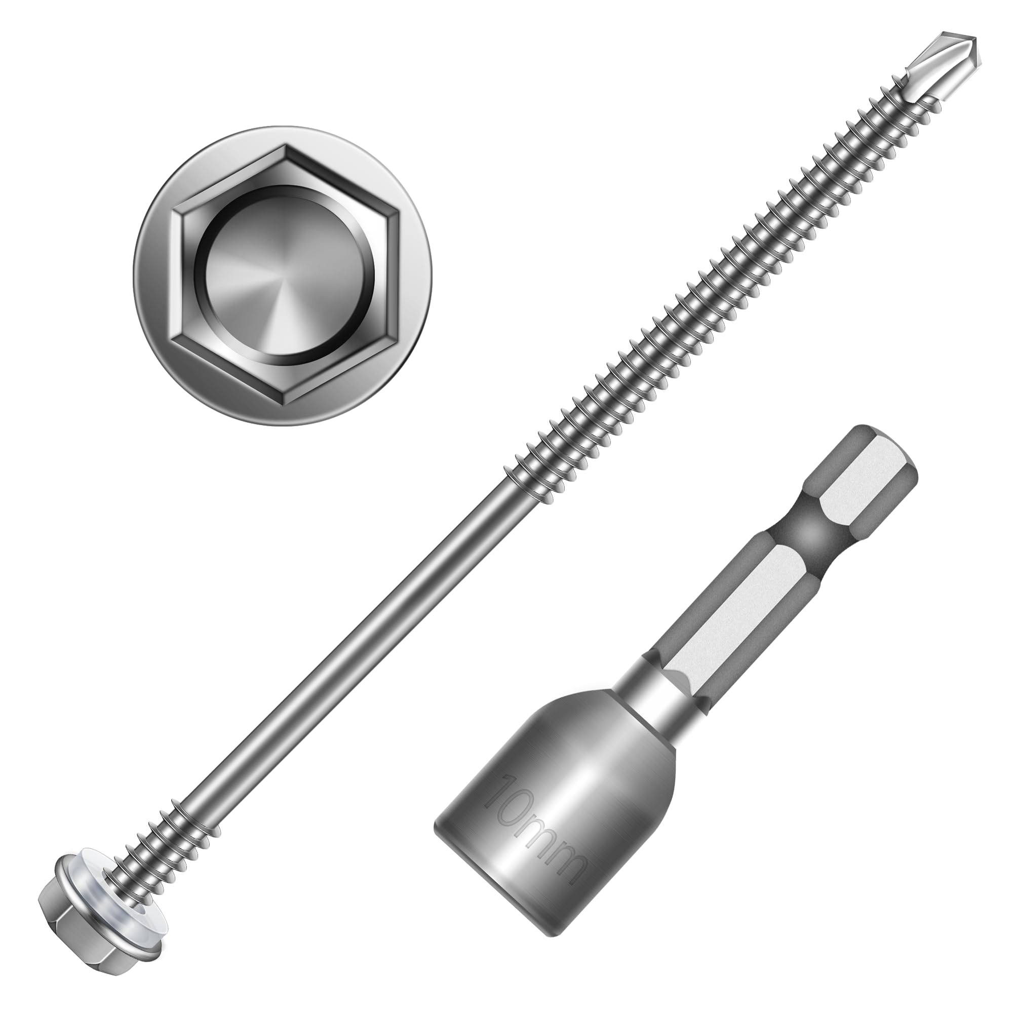 Mywish 75pcs #12×4" Self Drilling Screws for Metal, Self Tapping Screws for Metal 410 Stainless Steel, Hex Washer Head Self Drilling Screws,