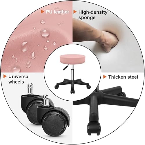 Vista 27 de KKTONER Taburete redondo con ruedas de cuero PU ajustable giratorio de trabajo de dibujo SPA Taburetes de salón Silla con ruedas Negro