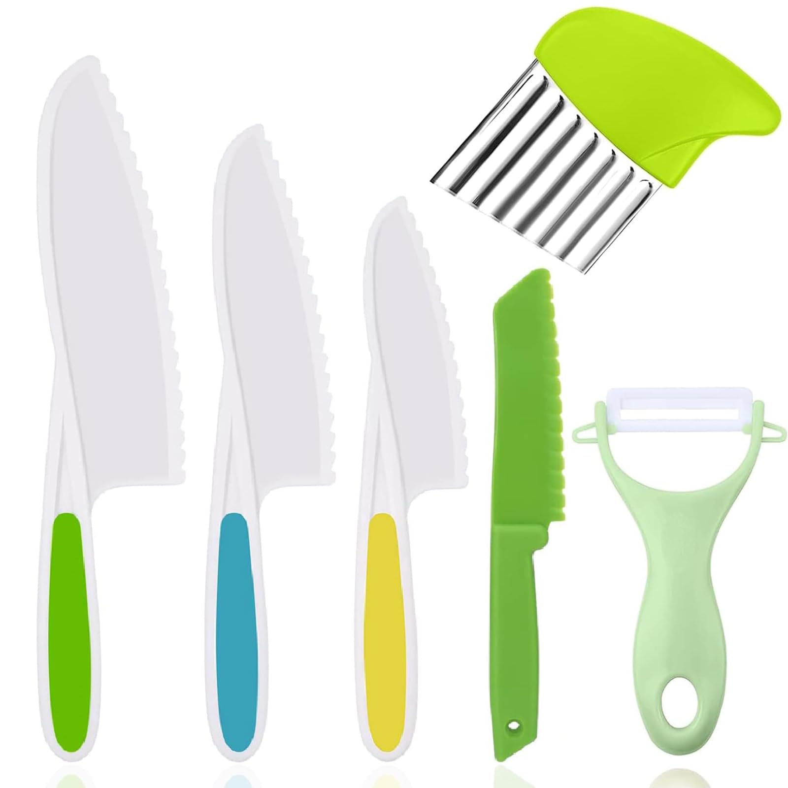 Jidyllic Green Kids Plastic Kitchen Knife Set, 6 Pcs Safety Knives For Kids, Children's Cutting Knife, Wave Knife For Vegetables, Fruit, Salad, Cakes, Bread, Cheese
