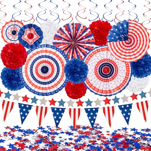 29PCS 4th/Fourth of July Patriotic Decorations Set - Red White Blue Paper Fans,USA Flag Pennant,Star Streamer,Pom Poms,Hanging Swirls Party Decor Supplies