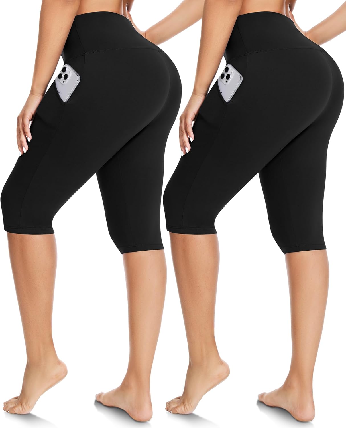 FULLSOFT 2 Pack Women's Knee-Length Leggings -High Waist Capri Biker Shorts -Workout Casual Summer Yoga Leggings Small-Medium 3-2 Packs With Pocket-black/Black