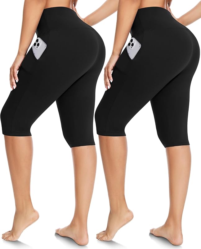 FULLSOFT Paquete de 2 leggings capri de cintura alta hasta la rodilla para mujer | Control de barriga, no transparente, pantalones de yoga de compresión, entrenamiento, atletismo, correr