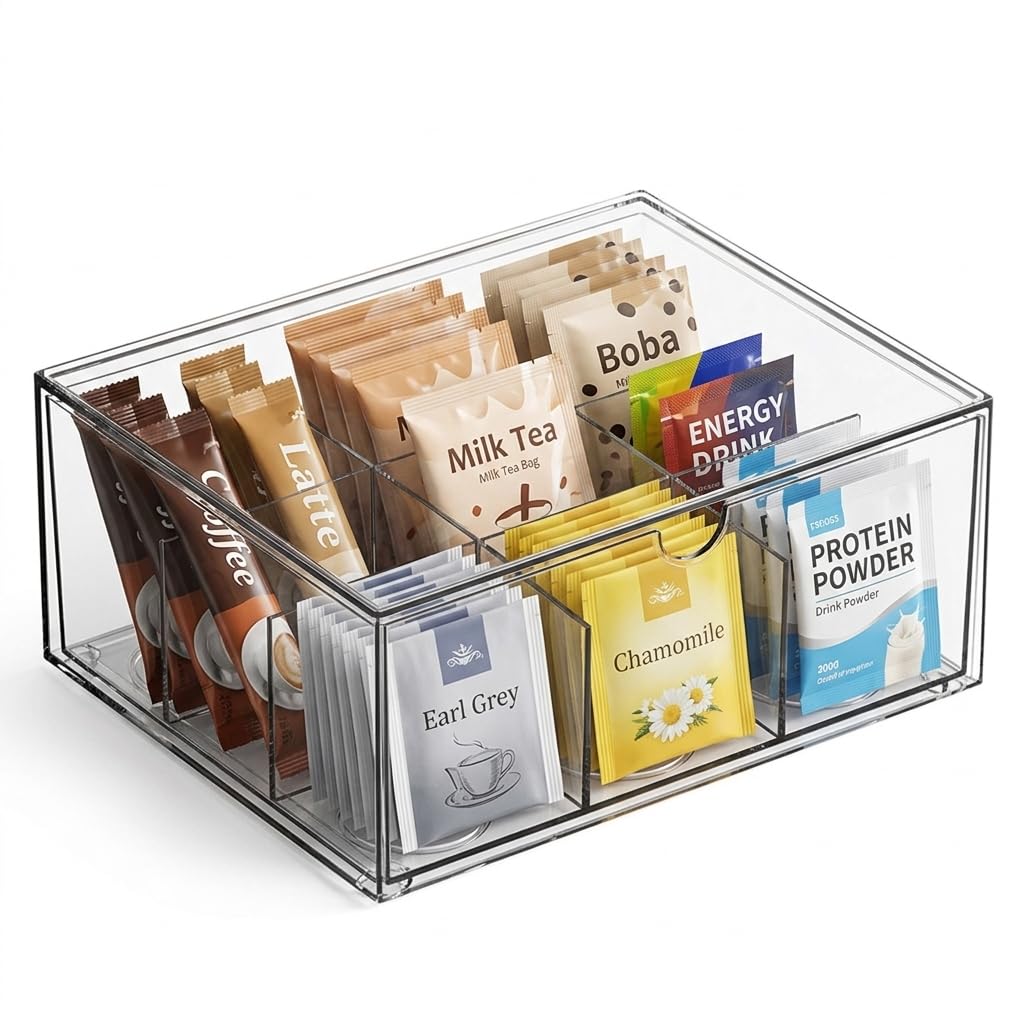 Punorric Tea Bag Storage Organiser Acrylic with 9 Compartments, Tea Bag Holder and Coffee Pod Storage Box for Coffee Station, Sachet Holder Tea Caddy
