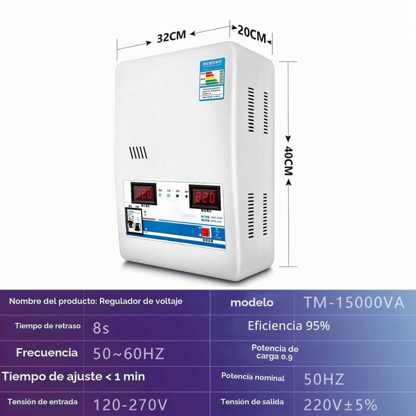 Estabilizador De Voltaje 220V 15000W,Estabilizador De Voltaje De Potencia Automático con Pantalla Digital Dual,Regulador De Aire Acondicionado De Alta Potencia Cobre Puro para El Hogar
