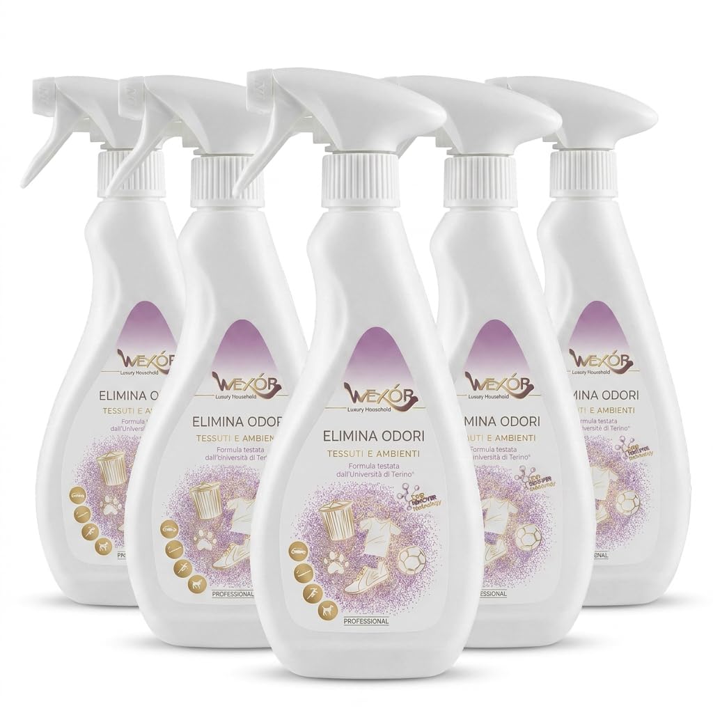 Spray Elimina Odori Wexòr per Tessuti e Ambienti, 500ml, Set Multiplo da 2, 4 o 6 Unità, Doppio Utilizzo, Erogatore Spray, Divani, Tende, Tappeti (6 Flaconi da 500ml)